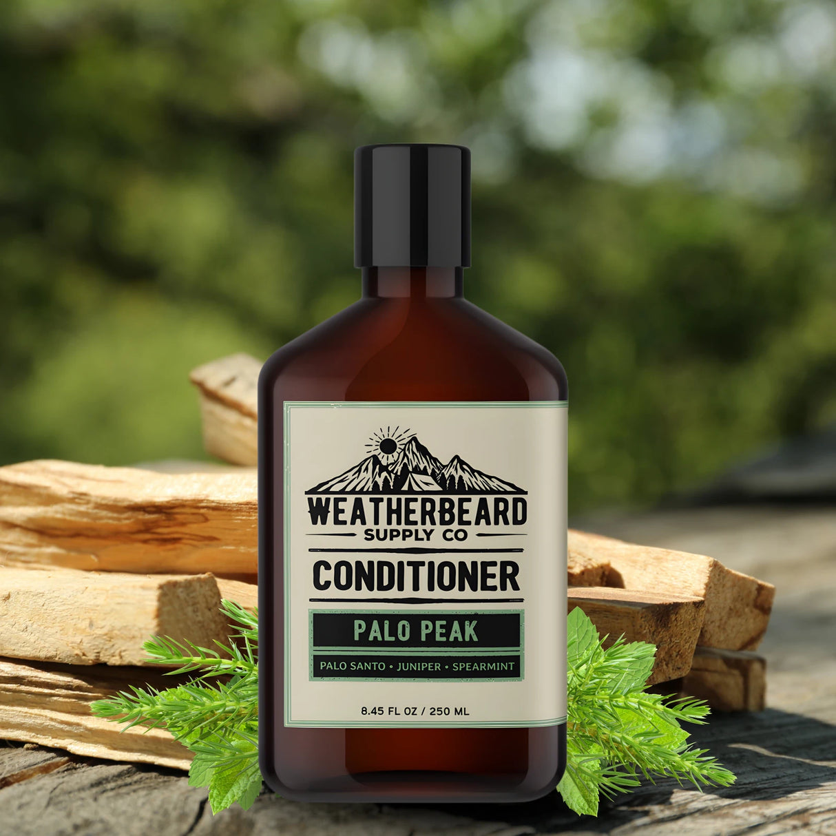 Bottle of Weatherbeard Supply Co. Palo Peak beard conditioner outside in nature