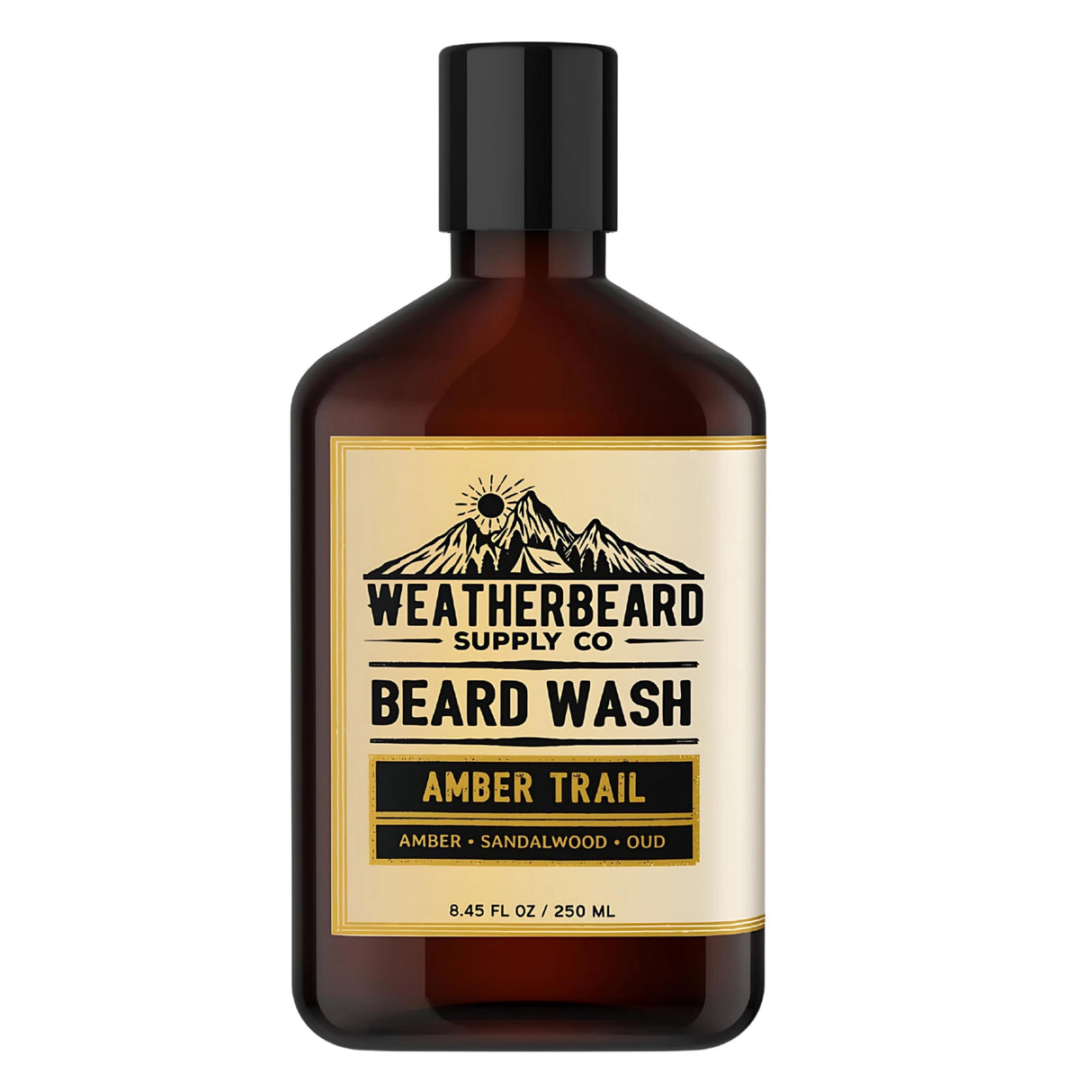 Bottle of Weatherbeard Supply Co Amber Trail Beard Wash against a white background