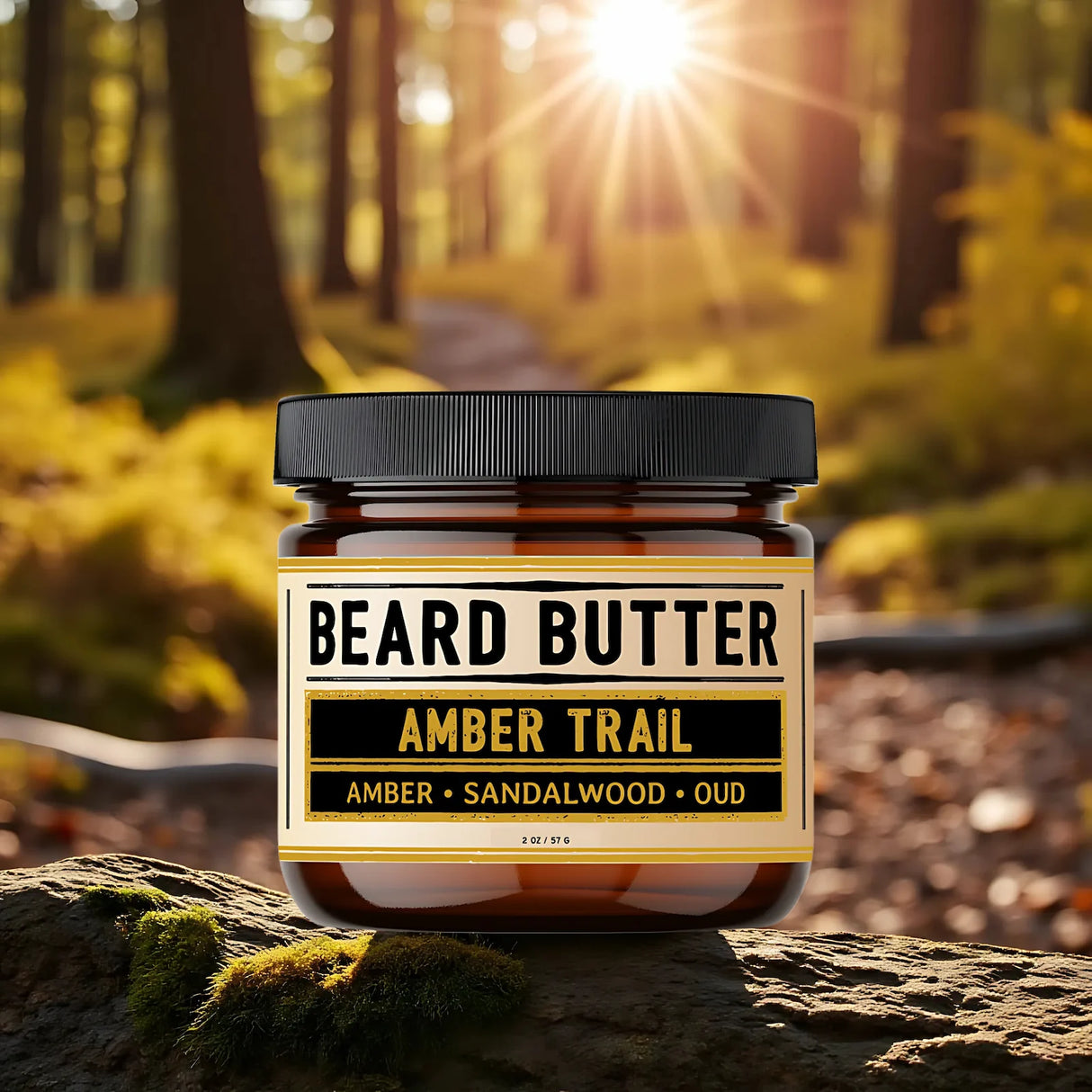 Jar of beard butter labeled 'Amber Trail' in a forest setting with sunlight filtering through the trees.