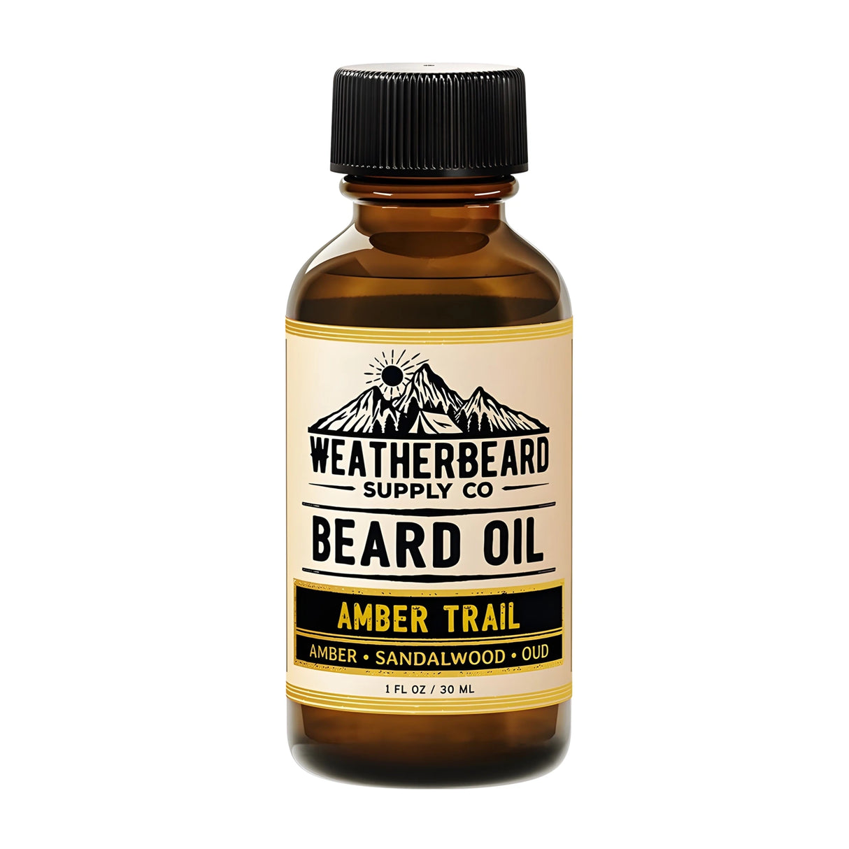 Bottle of Weatherbeard Supply Co. Amber Trail beard oil on a white background