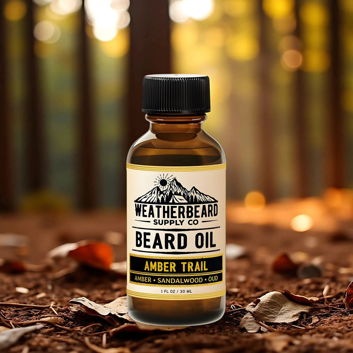 Bottle of Weatherbeard Supply Co Amber Trail Beard Oil with a forest background