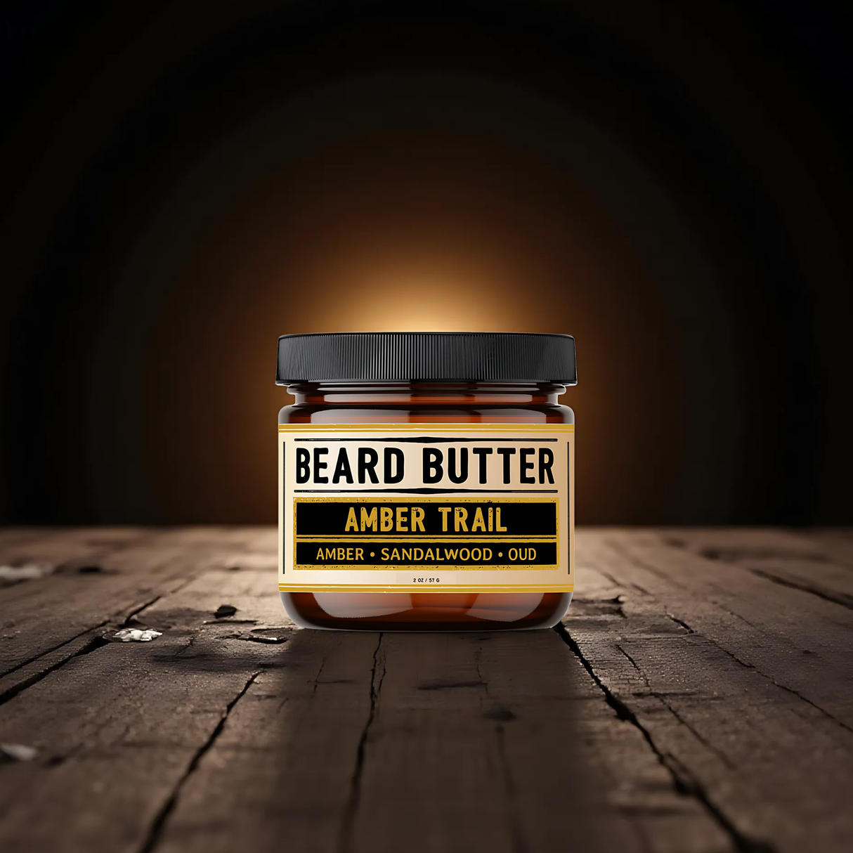 Jar of Beard Butter Amber Trail on a wooden surface with a dark background