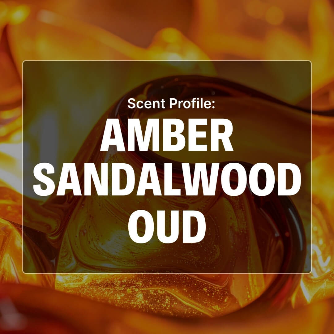 Glass of amber liquid with sandalwood and oud notes, labeled 'Scent Profile: Amber Sandalwood Oud'.