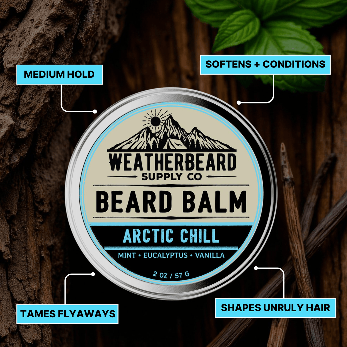 Weatherbeard Supply Co Arctic Chill beard balm container with features listed on a natural background.