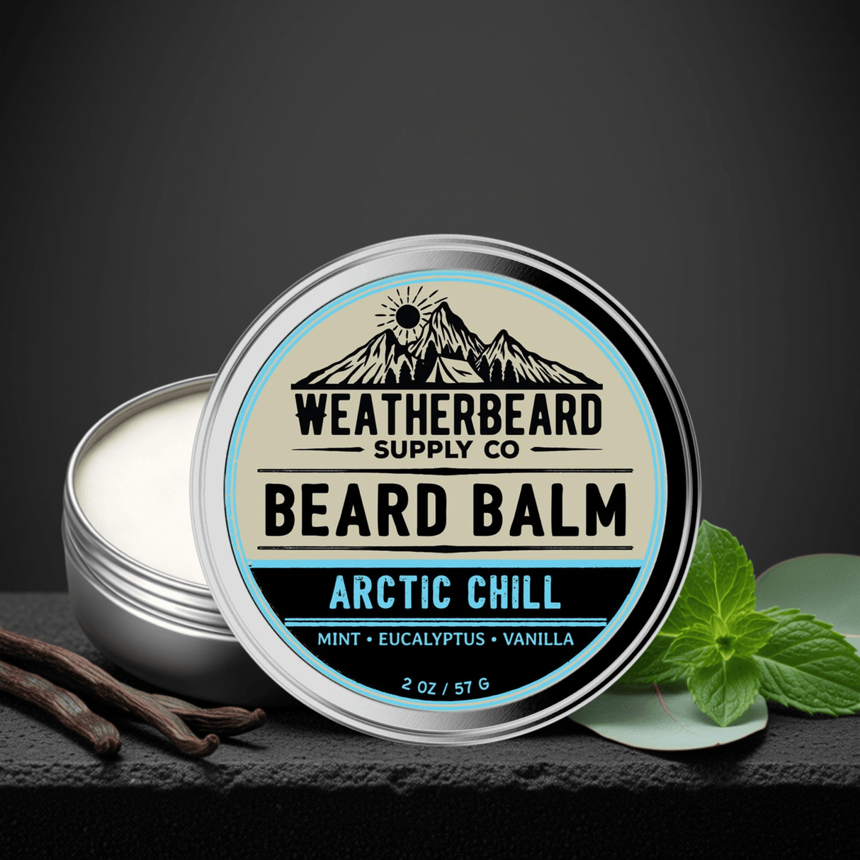 Weatherbeard Supply Co. Arctic Chill beard balm with a black background