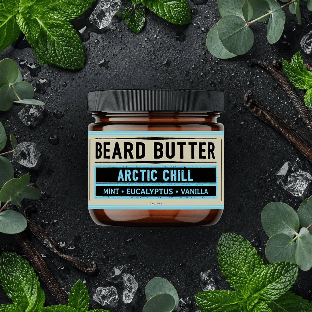 Jar of Arctic Chill Beard Butter surrounded by peppermint leaves and ice on a dark background