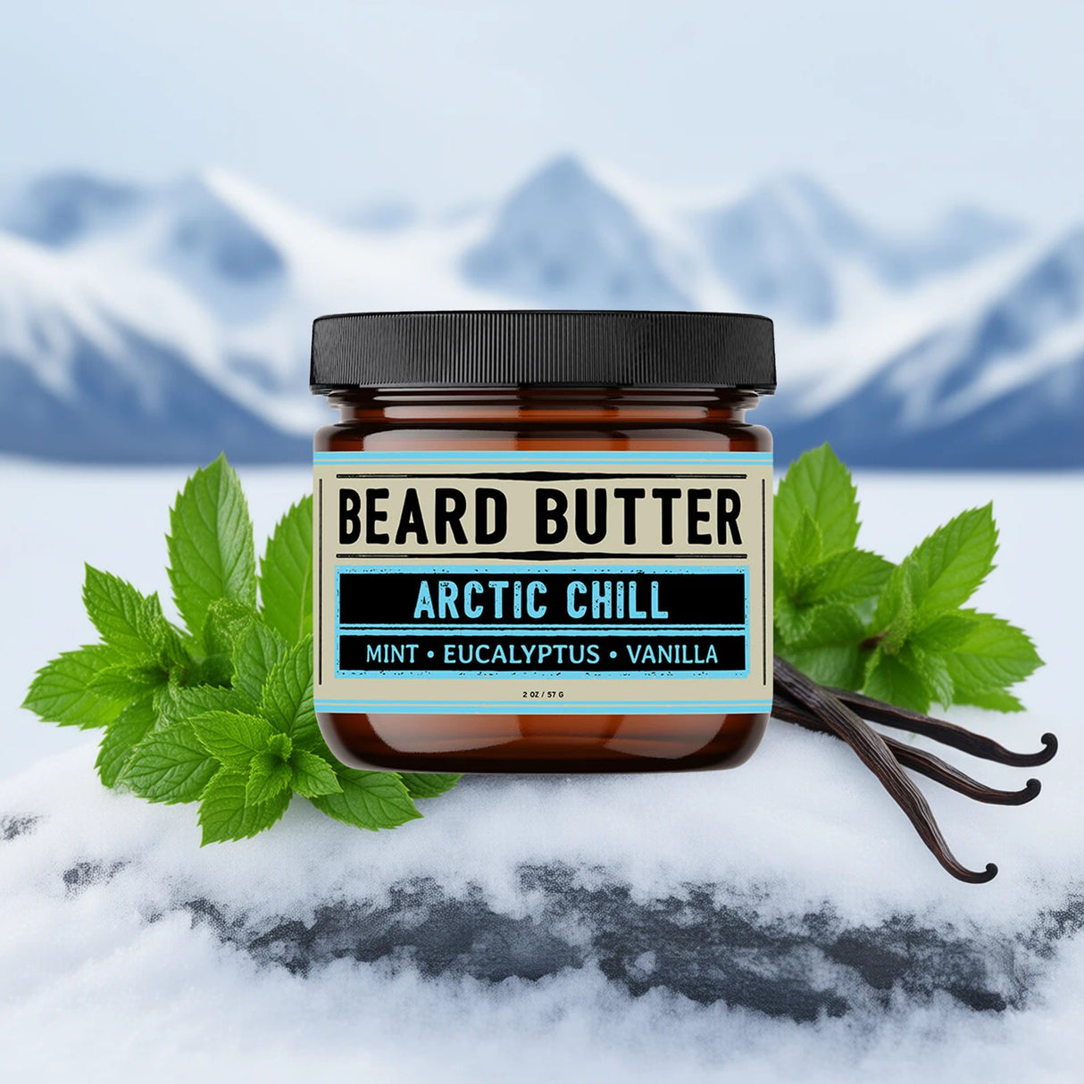 Jar of beard butter labeled 'Arctic Chill' with mint leaves and vanilla beans on a snowy background