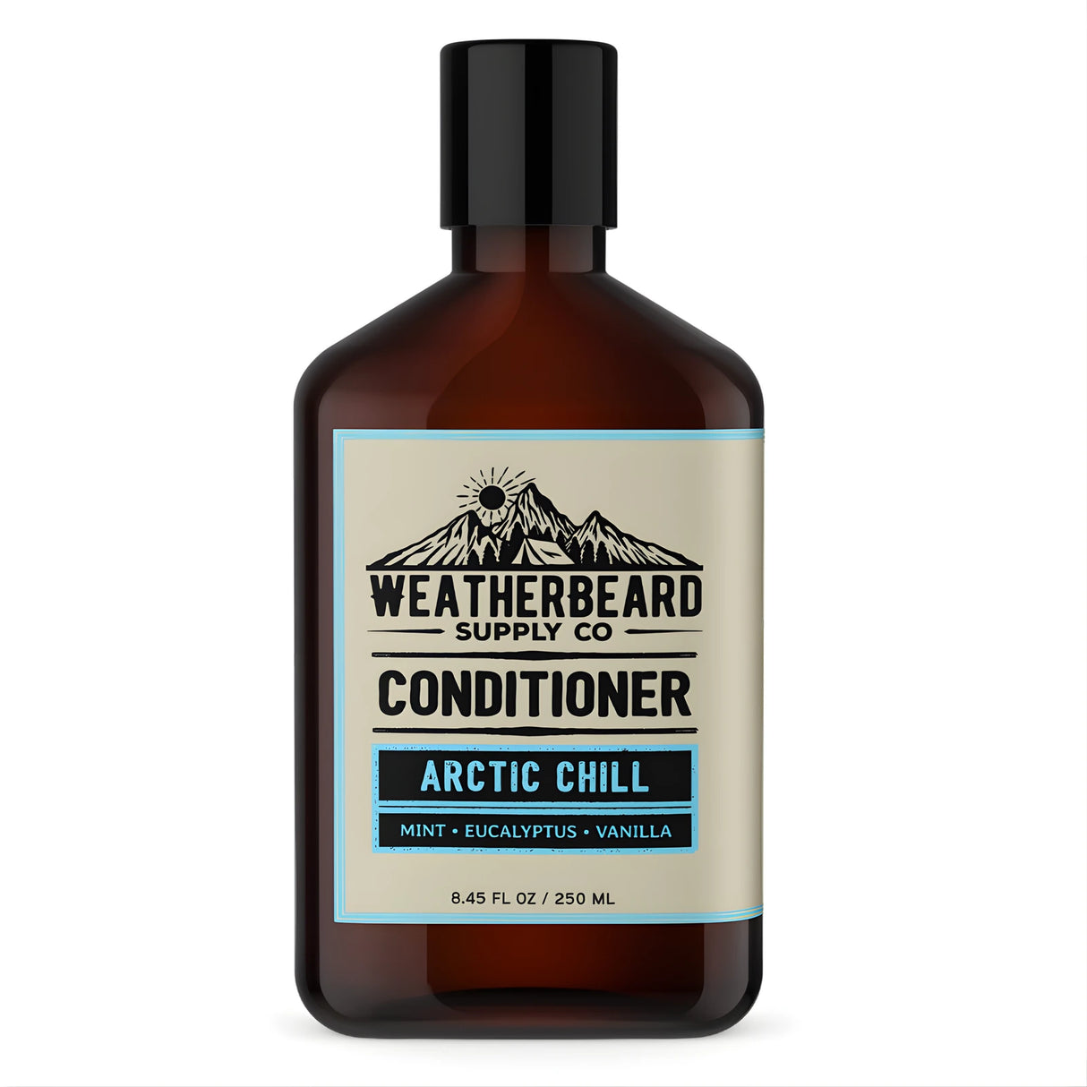 Bottle of Weatherbeard Supply Co. Arctic Chill beard conditioner on a white background
