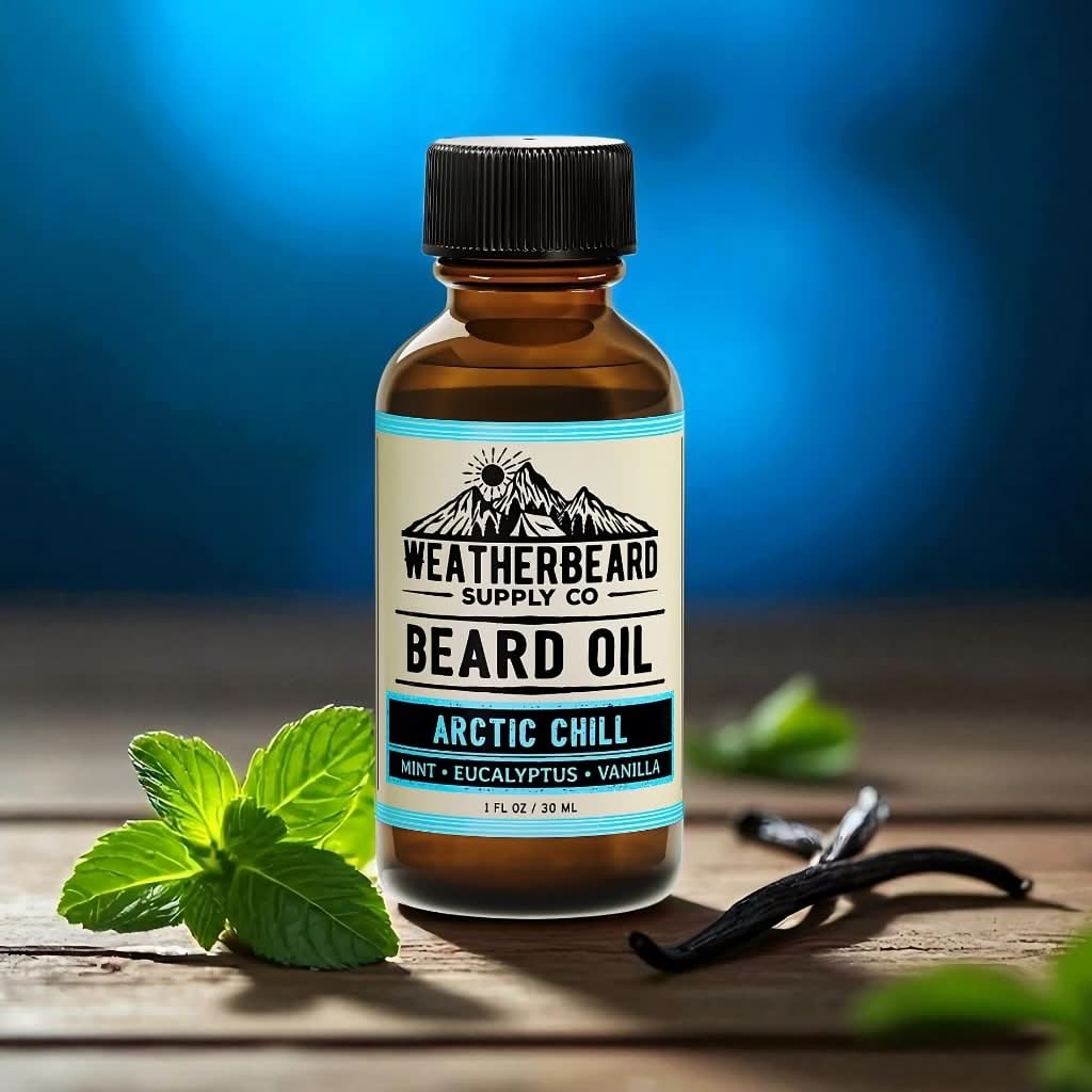 Bottle of Weatherbeard Supply Co. Arctic Chill beard oil with mint leaves and vanilla beans on a wooden surface.