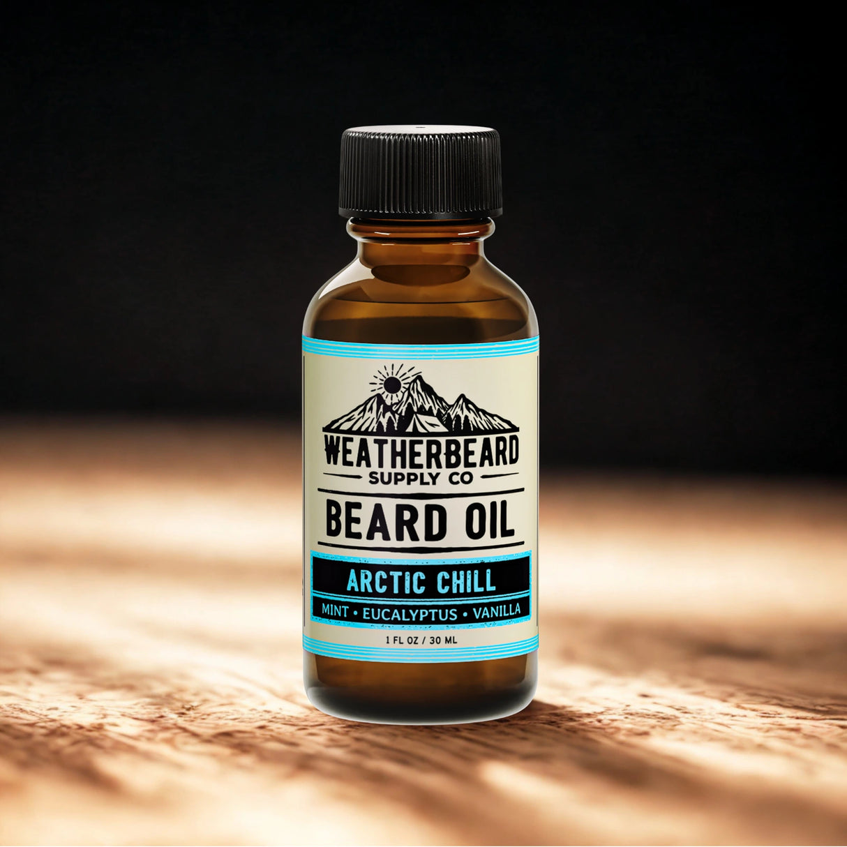 Bottle of Weatherbeard Supply Co. Arctic Chill beard oil on a wooden surface with a dark background