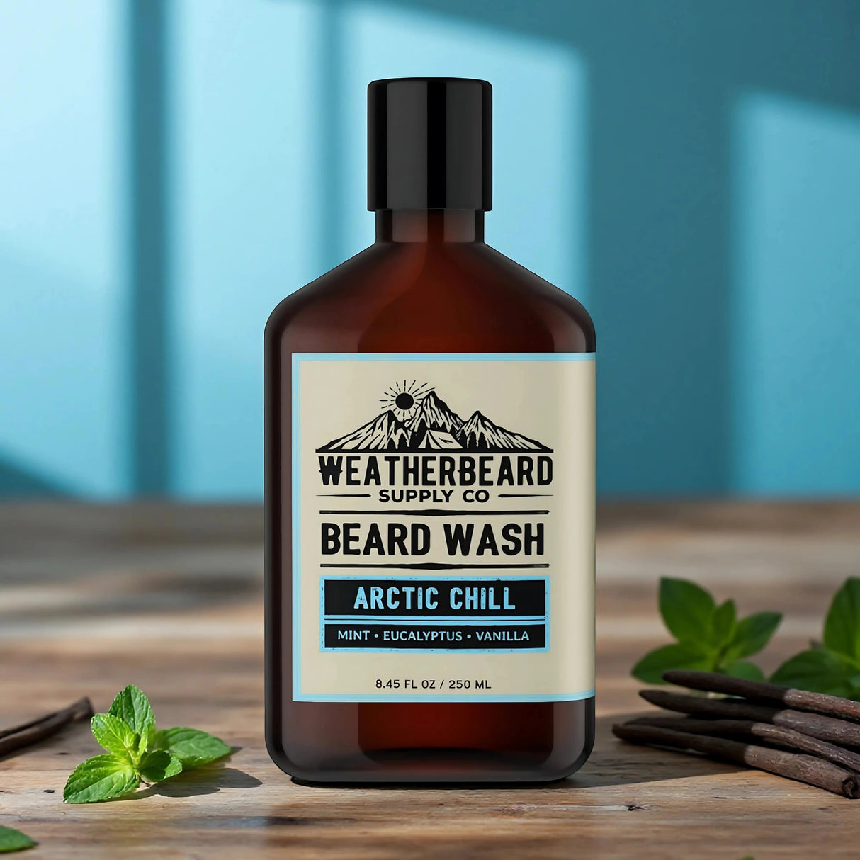 Bottle of Weatherbeard Supply Co. Arctic Chill Beard Wash on a wooden surface with blue background.