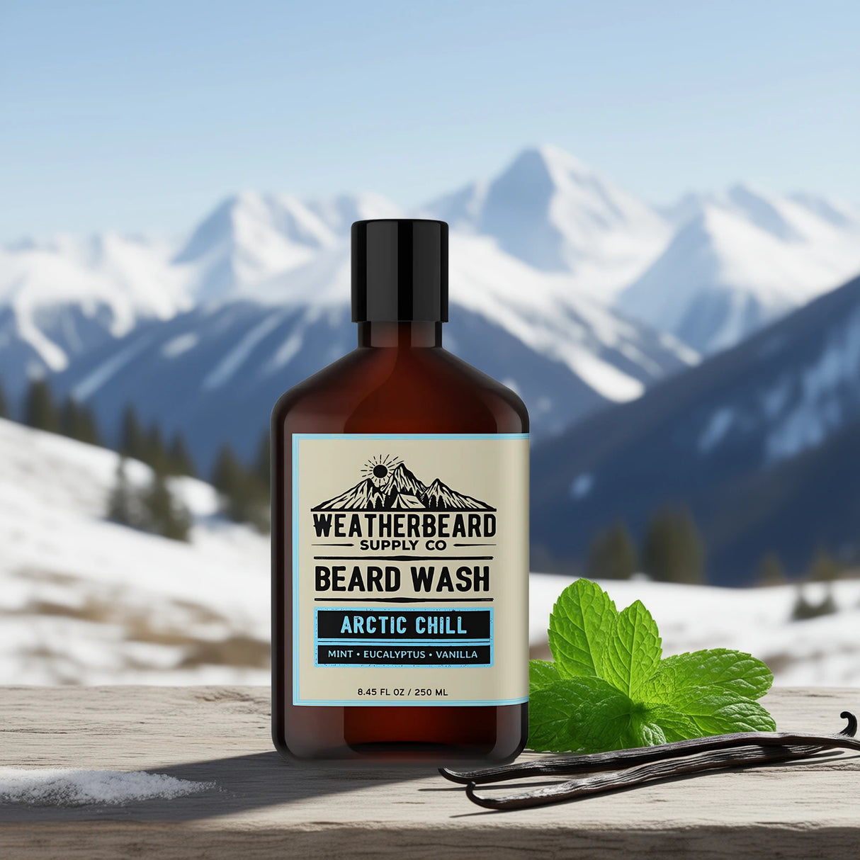 Bottle of Weatherbeard Supply Co. Beard Wash with a snowy mountainous background