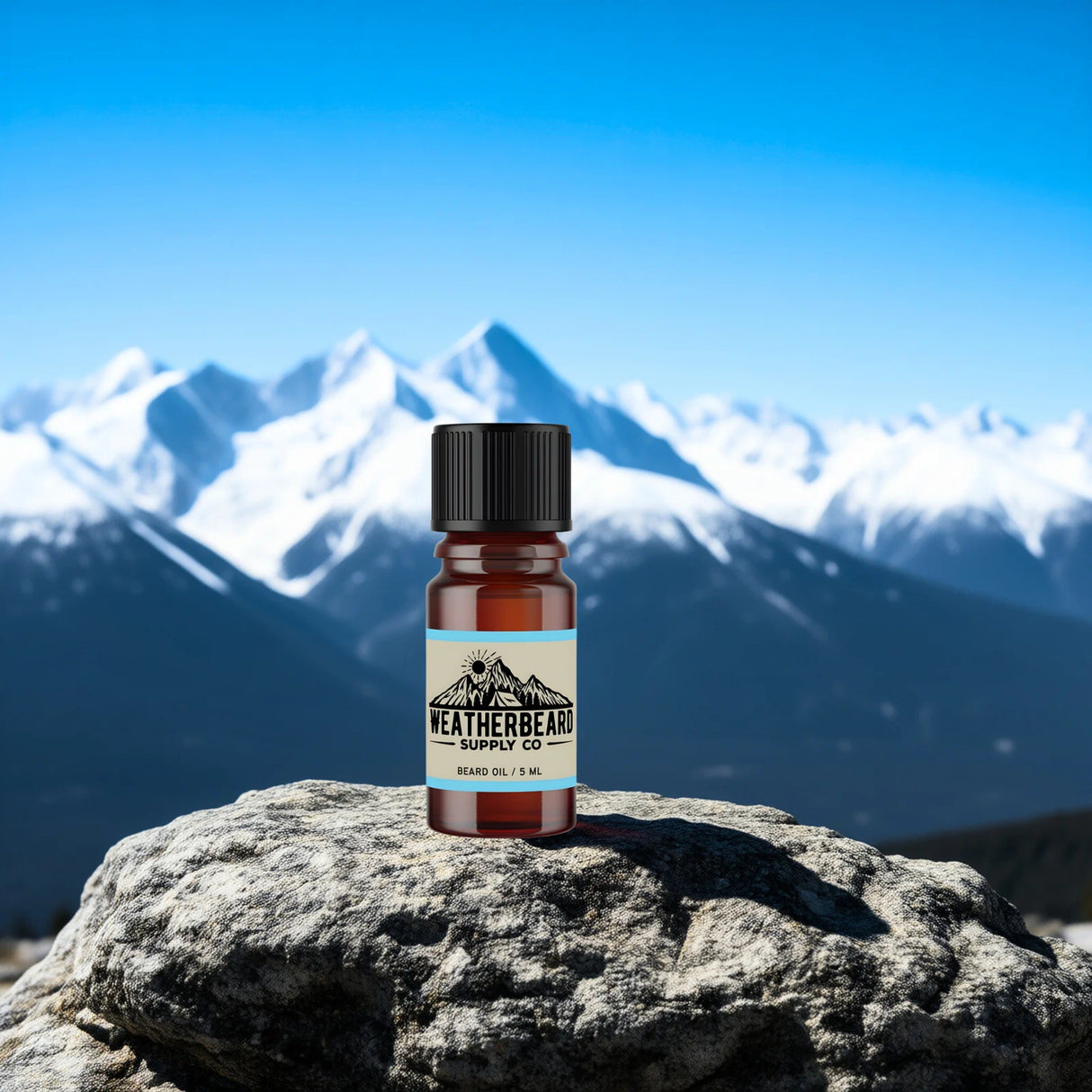 Bottle of Weatherbeard Supply Co. Arctic Chill Beard Oil Sample on a rock with mountains in the background
