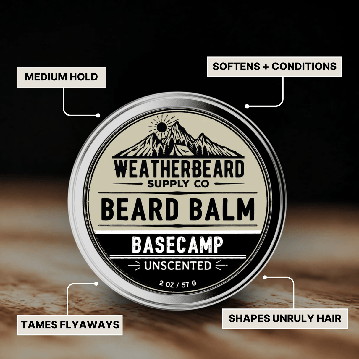 Weatherbeard Supply Co. Unscented
Beard Balm container with features listed on a dark background