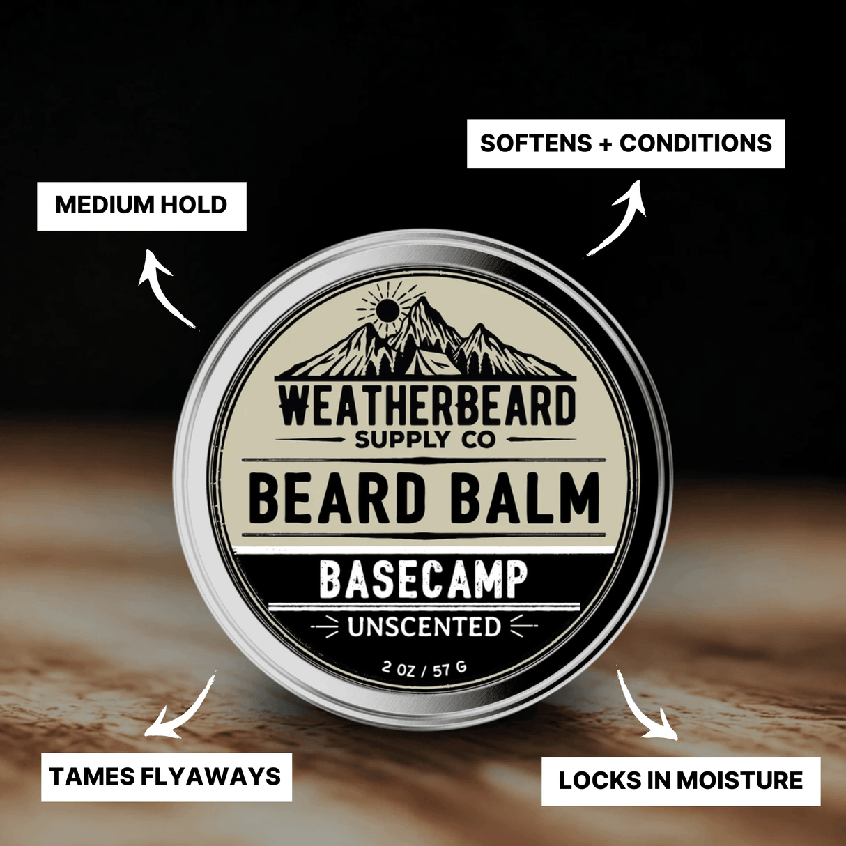 Weatherbeard Supply Co. Unscented Beard Balm container with features highlighted on a dark background
