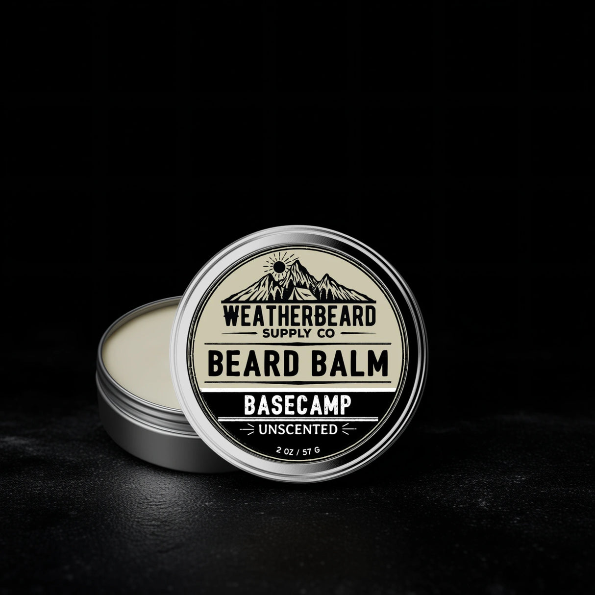 Unscented Beard balm container with 'Weatherbeard Supply Co' label on a dark background