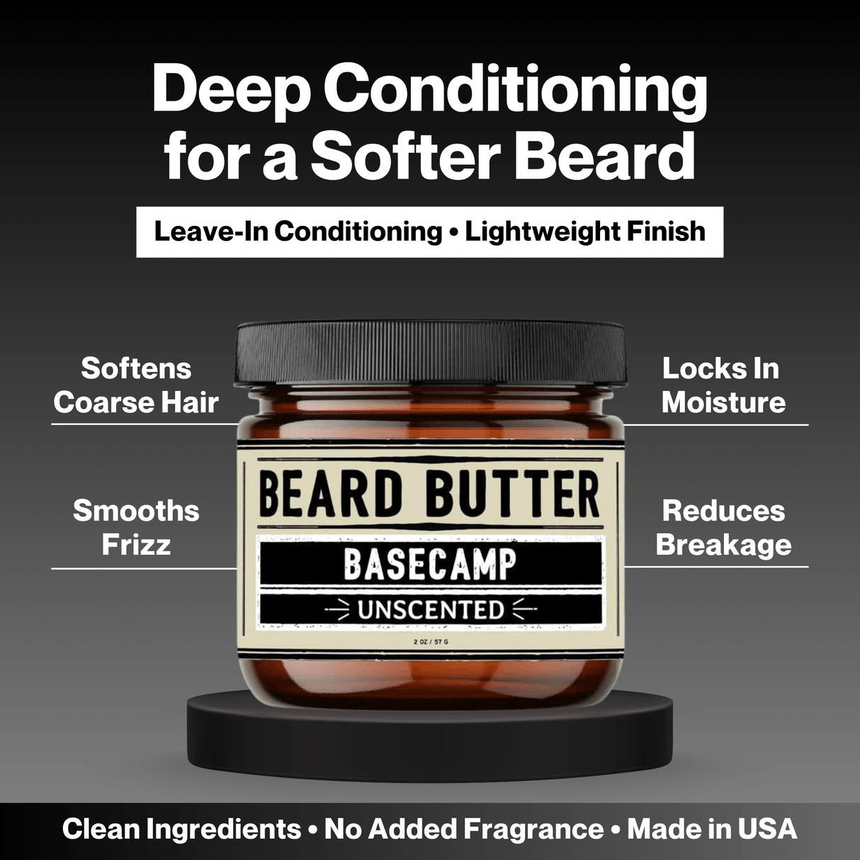 Jar of Basecamp Unscented Beard Butter with text highlighting its benefits on a dark background