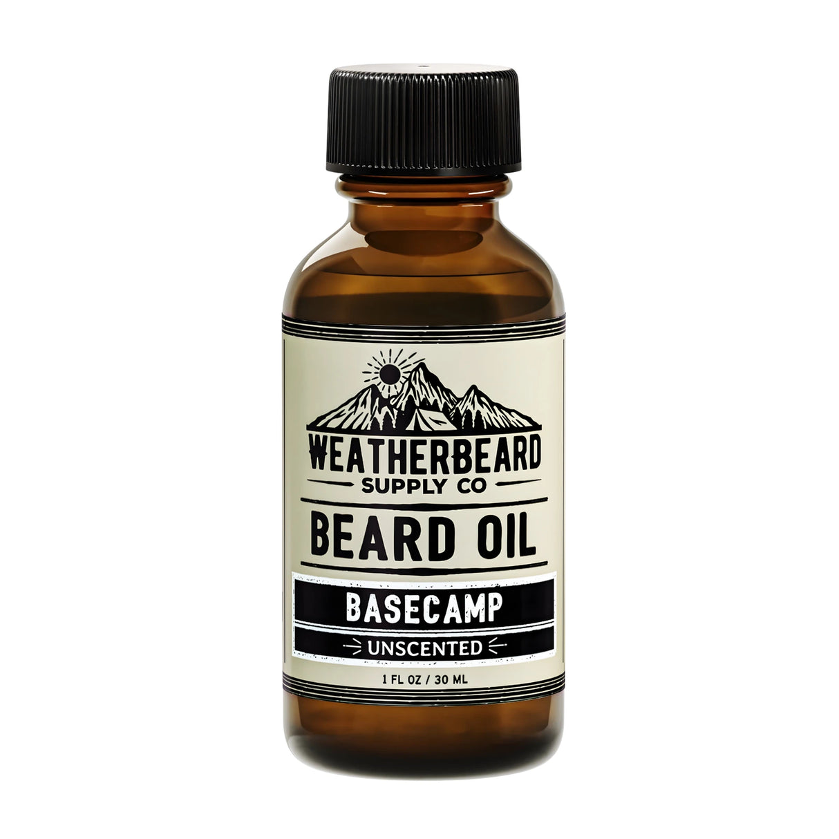 Bottle of Weatherbeard Supply Co. Basecamp Unscented beard oil on a white background