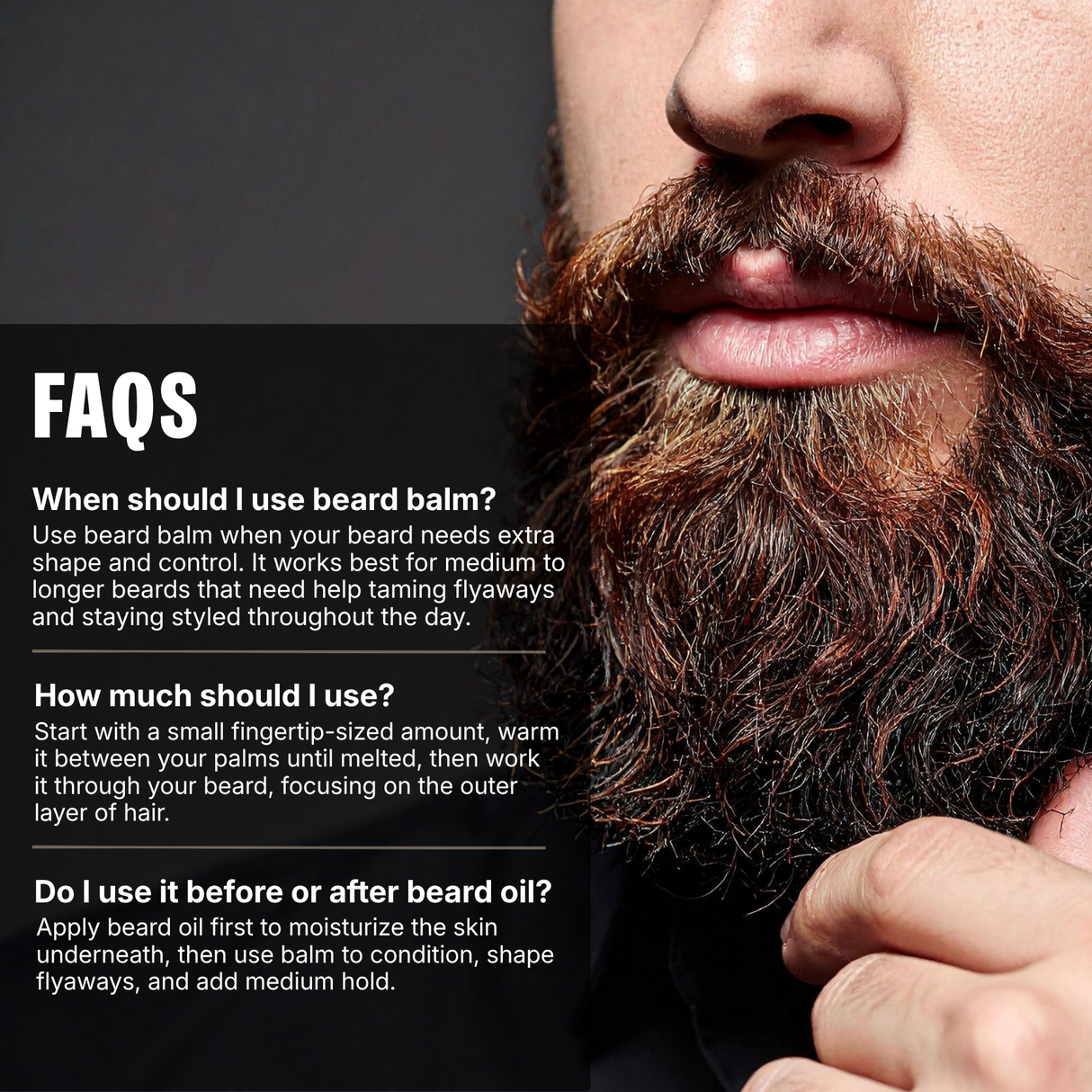 Close-up of a man with a beard and FAQs text about using beard balm.