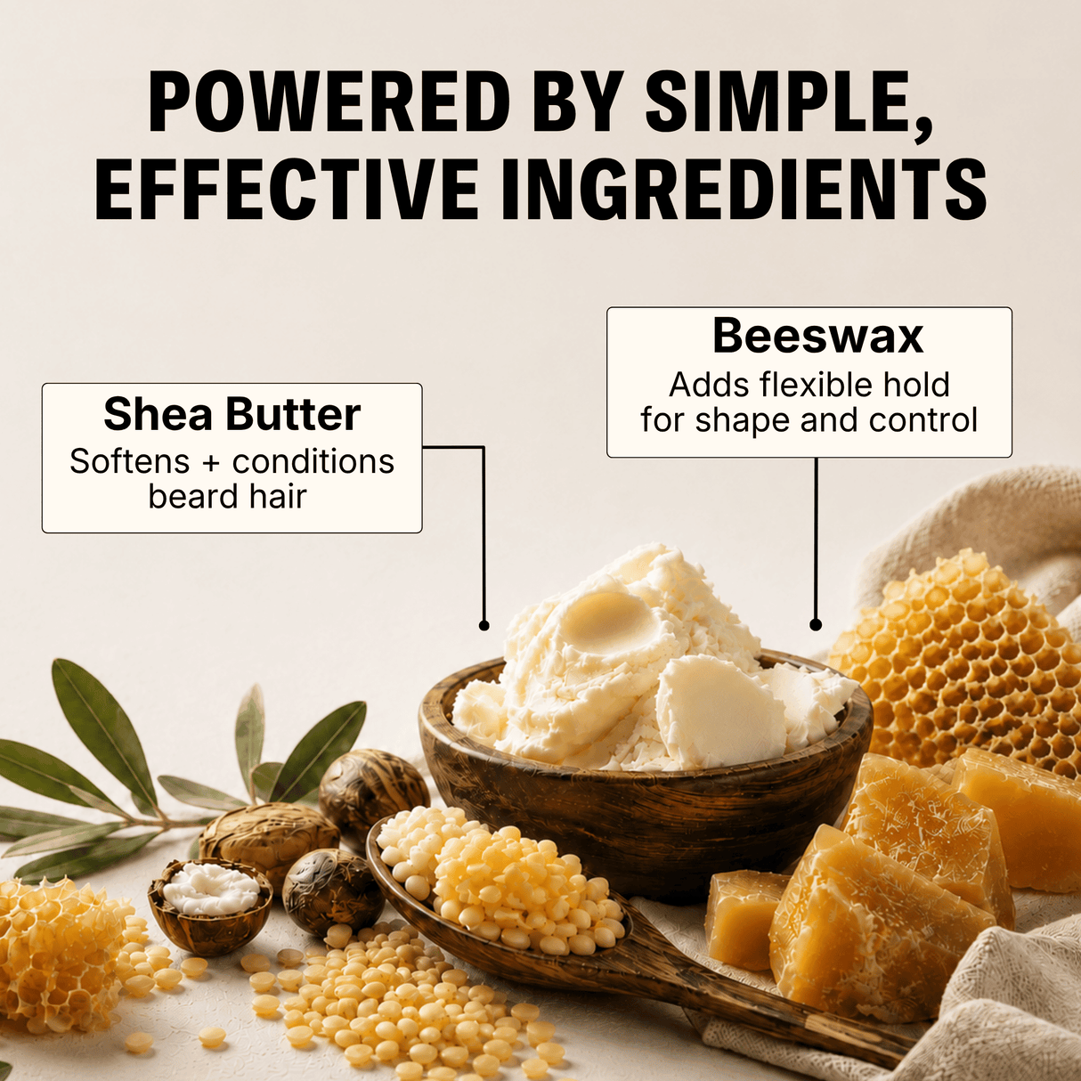 Shea butter, beeswax, and other natural ingredients with text highlighting their benefits in Beard Balm.