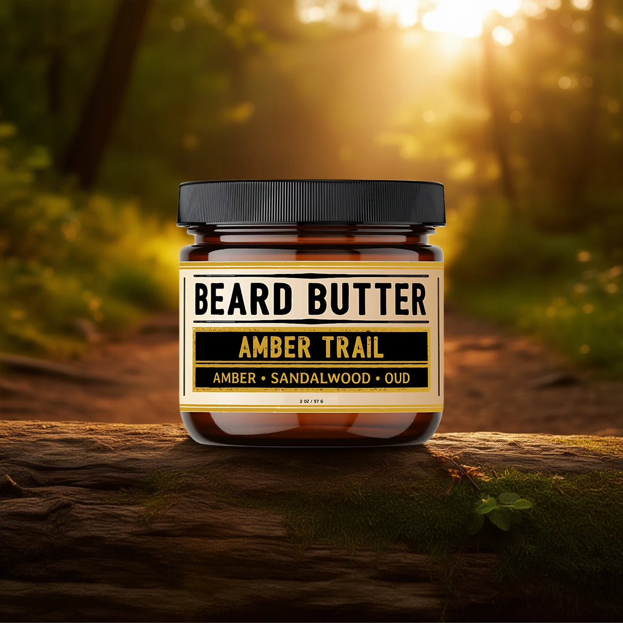 Jar of Beard Butter Amber Trail on a wooden surface with a forest background