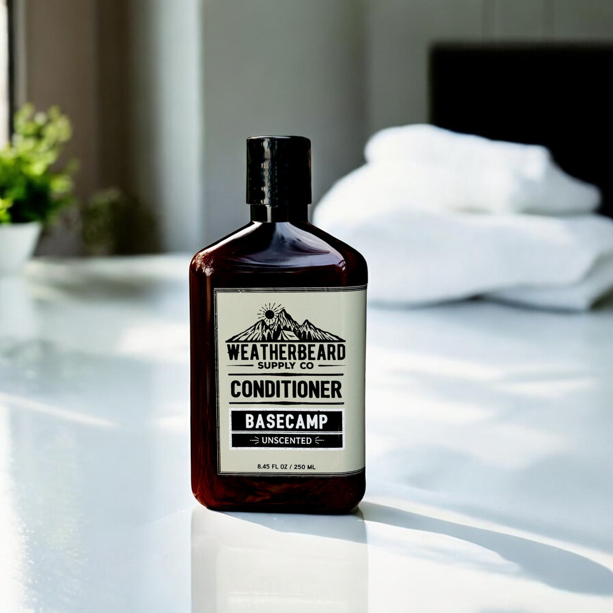 Up close image of Weatherbeard Supply Co all natural Beard Conditioner sitting on bathroom sink