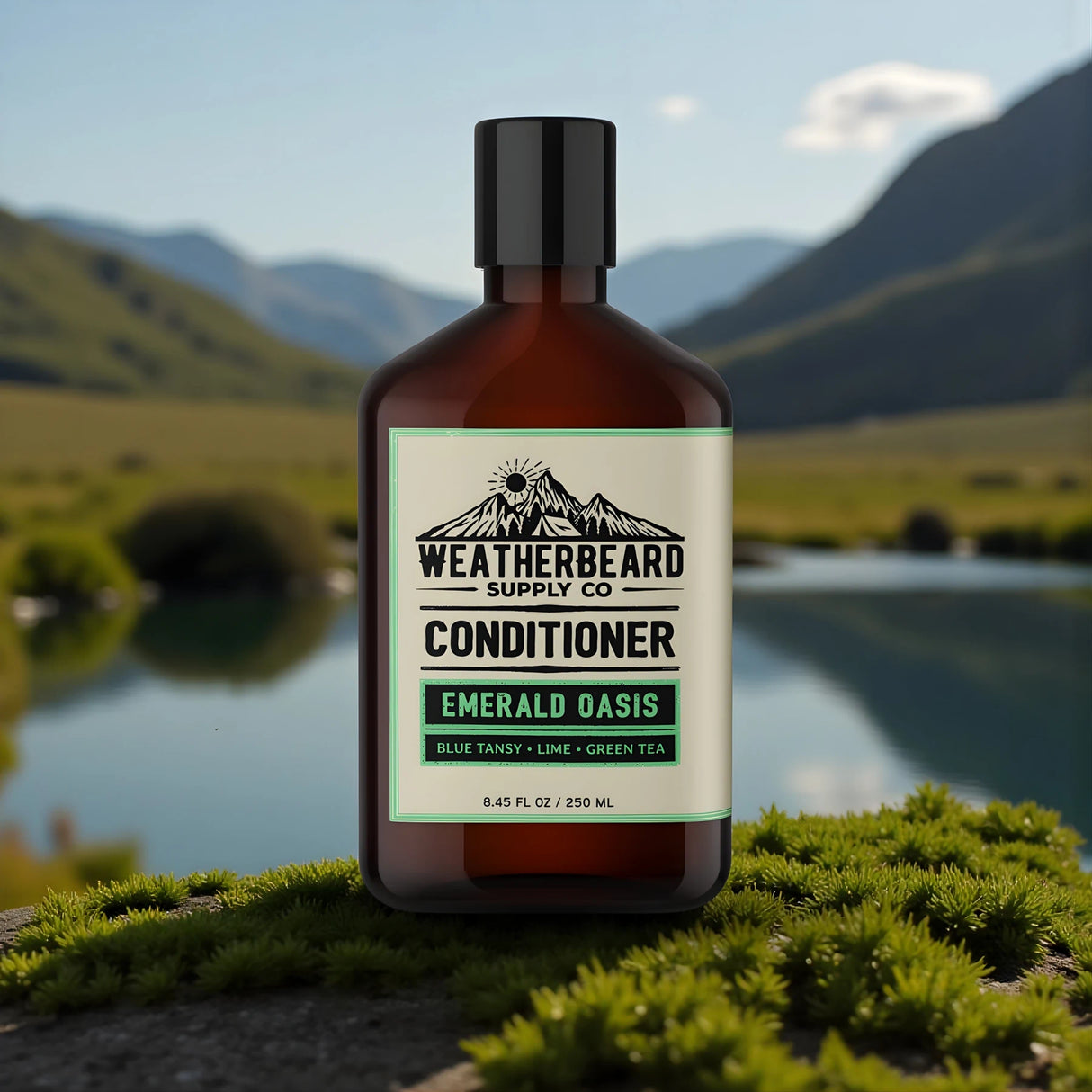 Bottle of Beard Conditioner sitting in front of a mountain oasis
