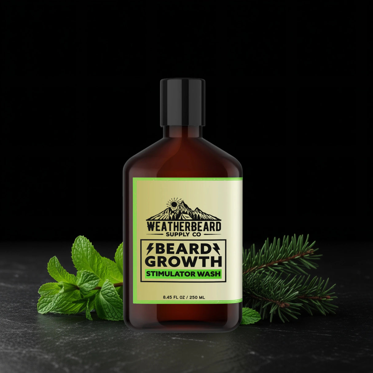 Bottle of Weatherbeard Supply Co. beard growth stimulator wash with peppermint leaves and spruce branches on a dark background