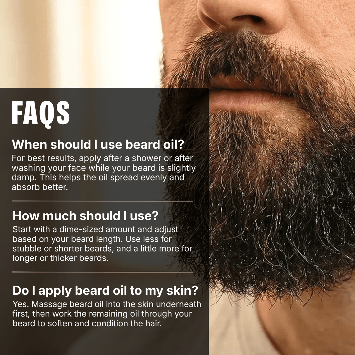 Close-up of a bearded man with beard oil application tips displayed.