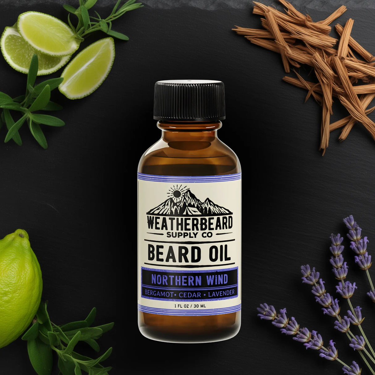 Bottle of Northern Wind Beard Oil on dark background surrounded by bergamot, cedar, and lavender