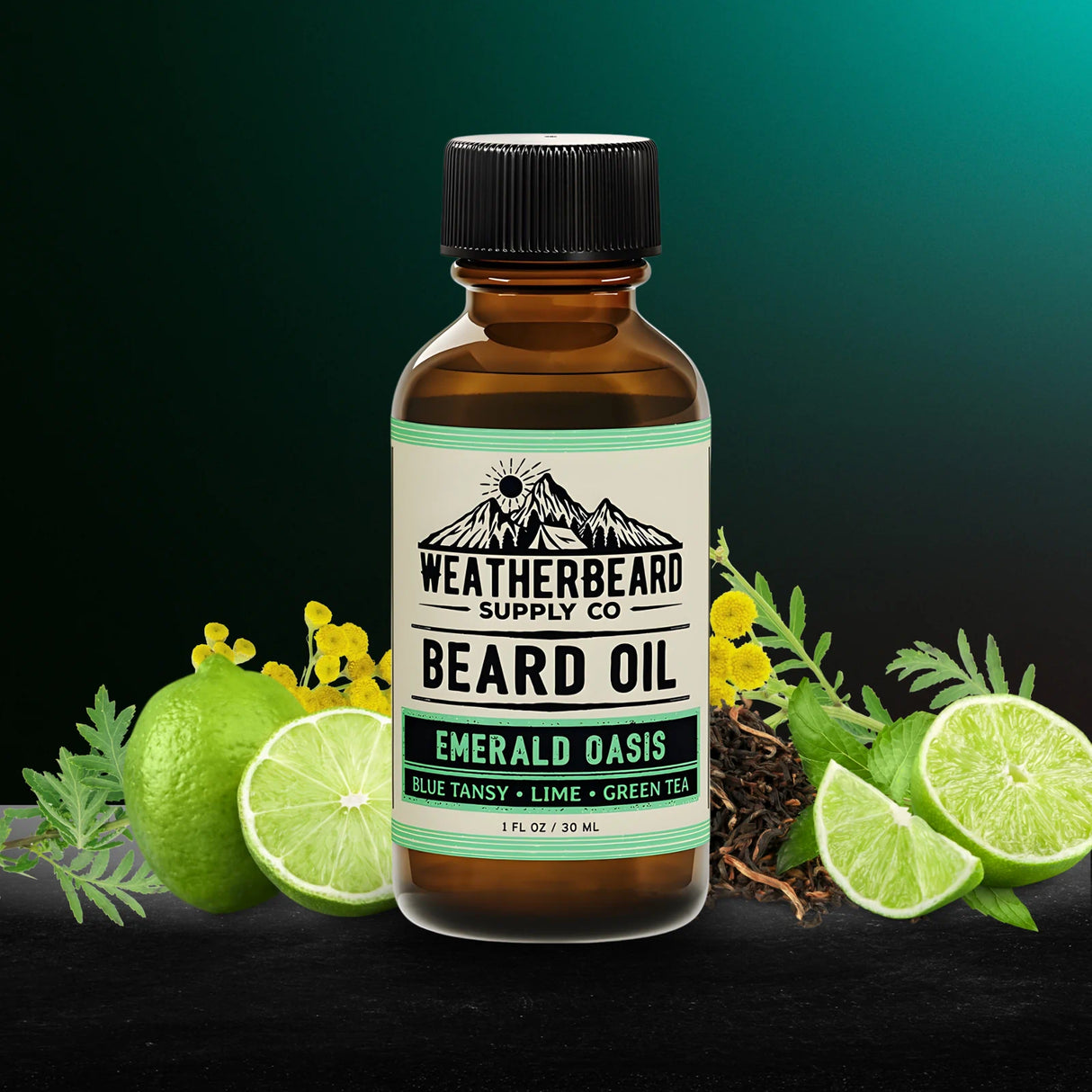 Bottle of Weatherbeard Supply Co. Beard Oil with lime and green tea leaves on a dark background