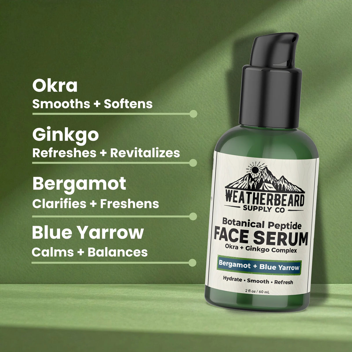 Bottle of Weatherbeard Supply Co's Botanical Peptide Face Serum with ingredients highlighted on green background
