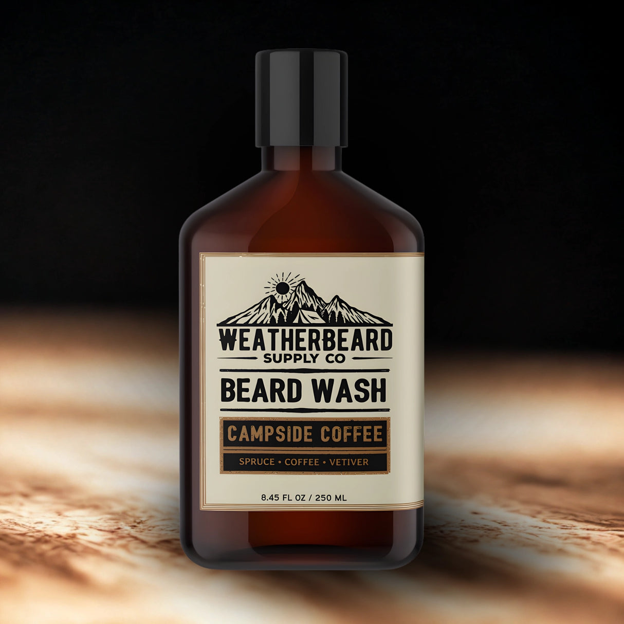 Bottle of Weatherbeard Supply Co beard wash on a dark background