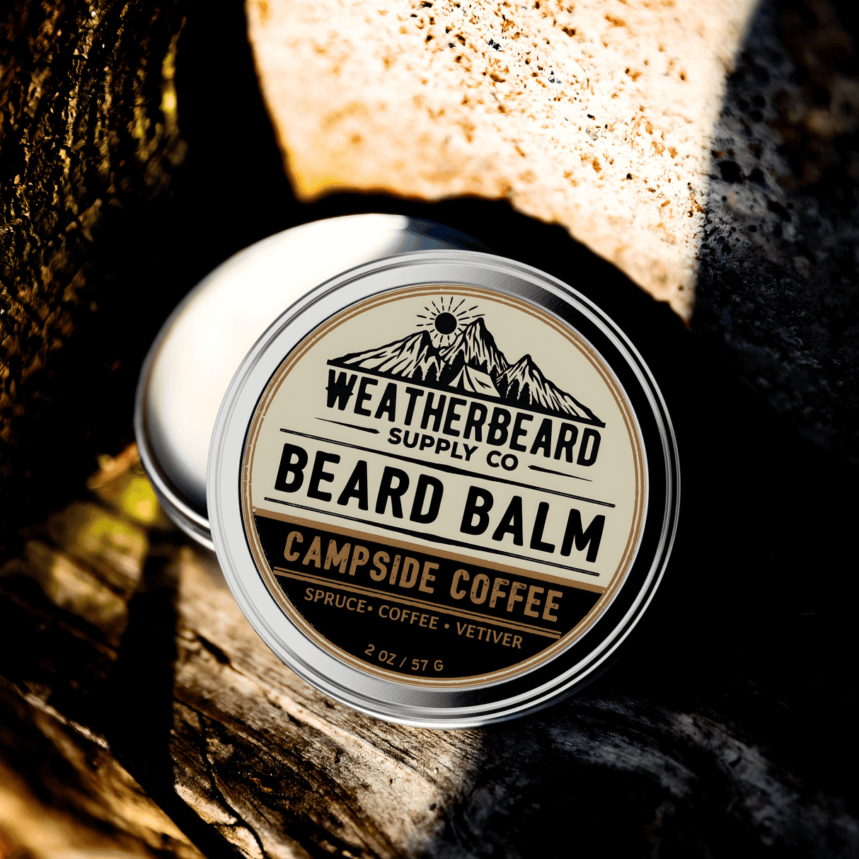 Tin of Weatherbeard Supply Co. Campside Coffee beard balm on a wooden surface