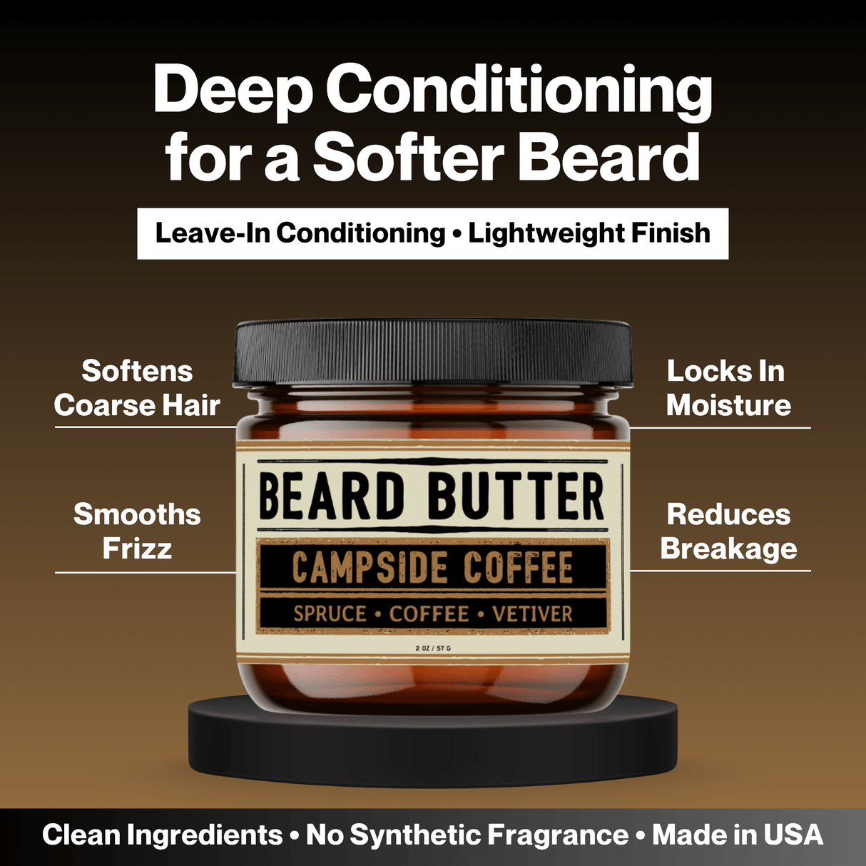 Jar of Campside Coffee beard butter with text highlighting its benefits on a brown background