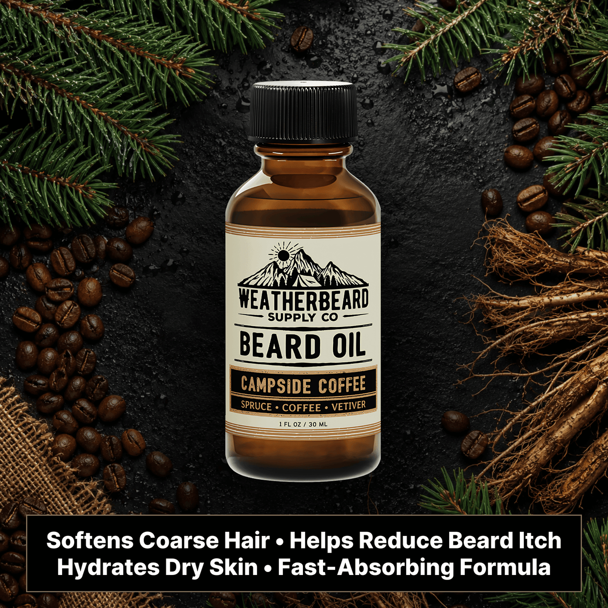 Bottle of Weatherbeard Supply Co. Campside Coffee beard oil with coffee beans and pine branches on a dark background