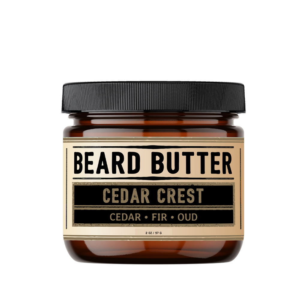 Jar of beard butter labeled 'Cedar Crest' on a white background