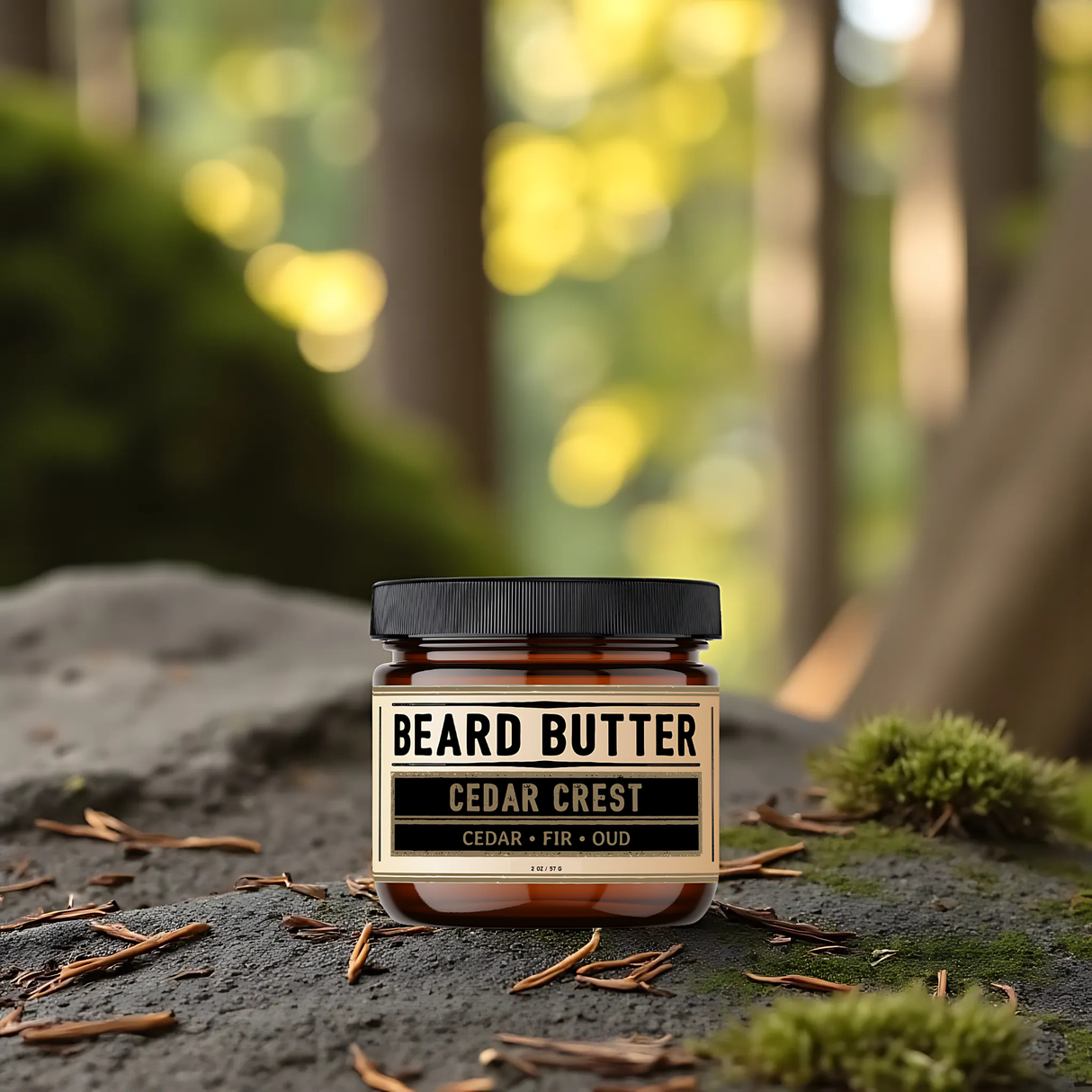 Jar of Beard Butter with 'Cedar Crest' label in a forest setting
