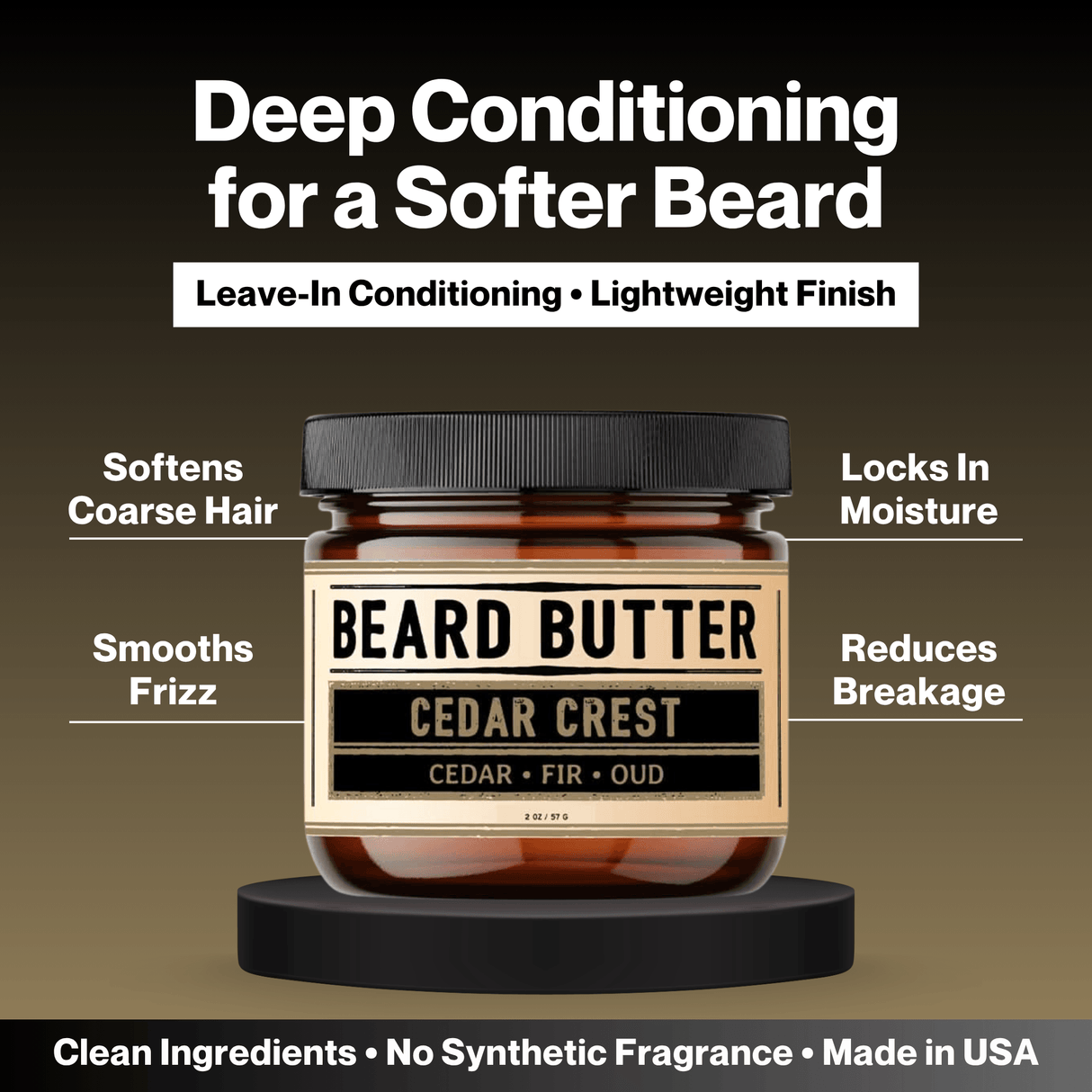 Jar of Cedar Crest Beard Butter with benefits highlighted on a brown gradient background