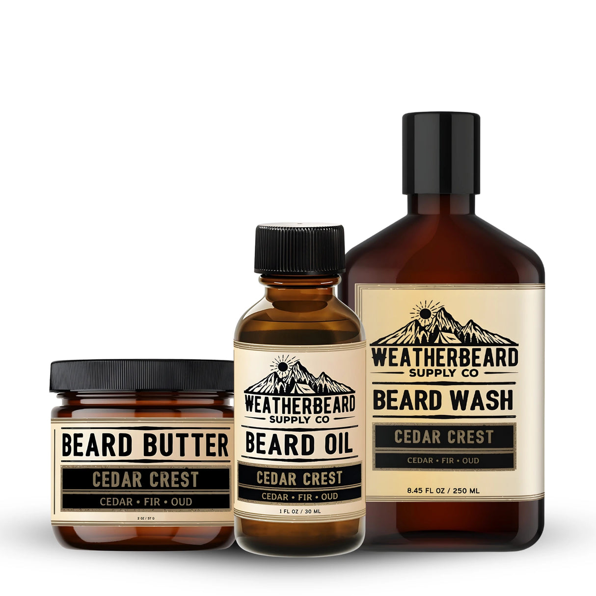 Weatherbeard Supply Co. Beard Oil, Beard Wash, and Beard Butter on a white background