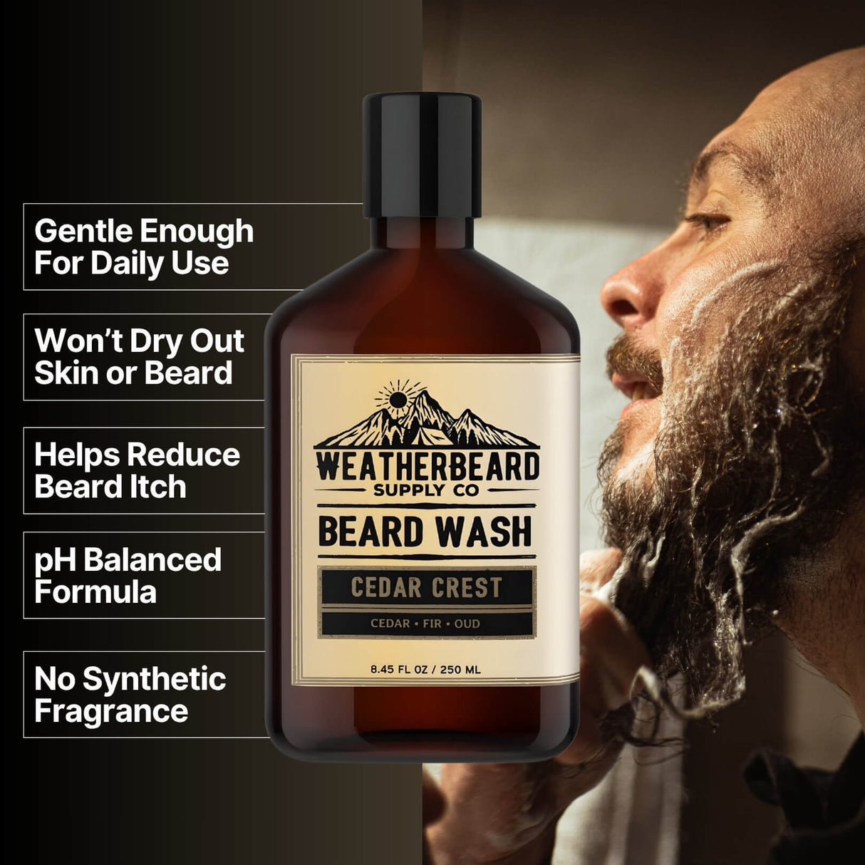 Bottle of Weatherbeard Supply Co's Cedar Crest Beard Wash with benefits listed beside it