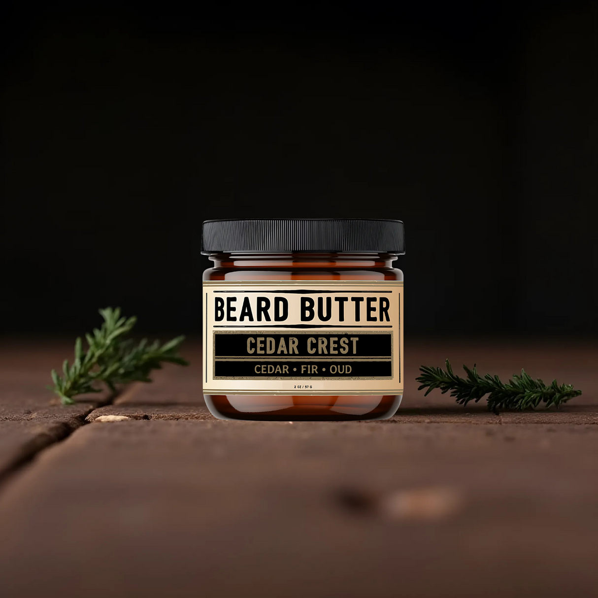 Jar of Beard Butter Cedar Crest on a wooden surface with dark background