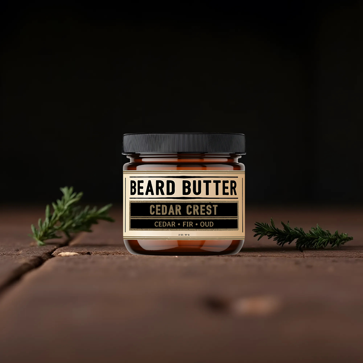 Jar of Beard Butter Cedar Crest on a wooden surface with dark background