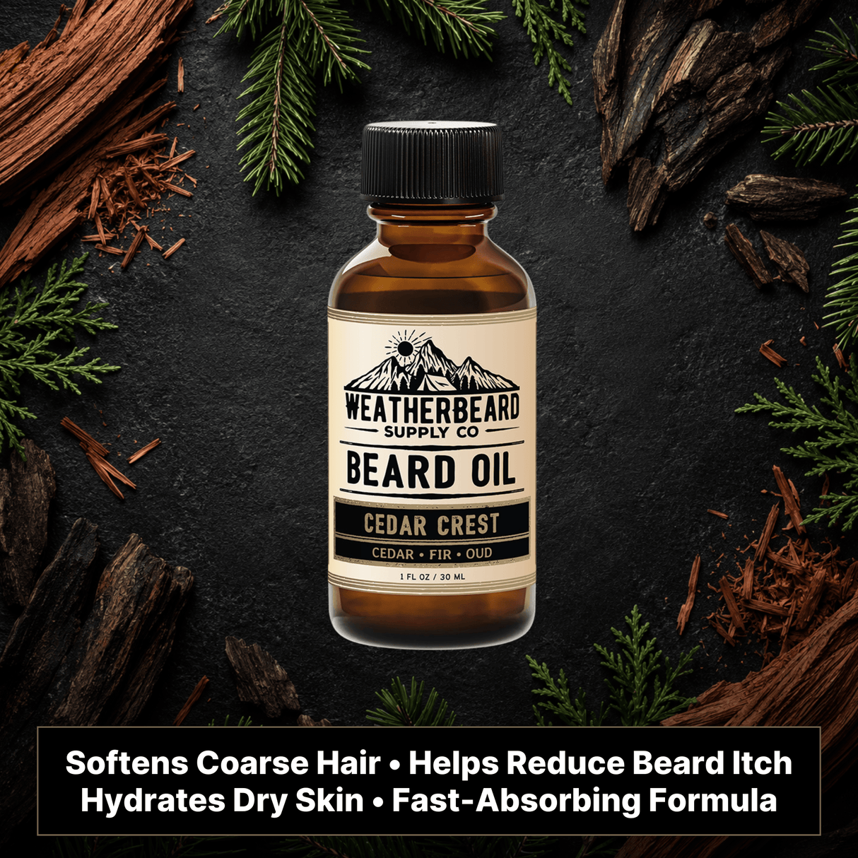 Bottle of Weatherbeard Supply Co. Cedar Crest beard oil with cedarwood and fir needles on a dark background