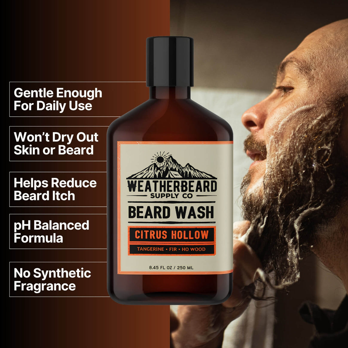 Bottle of Weatherbeard Supply Co's Citrus Hollow Beard Wash with benefits listed beside it