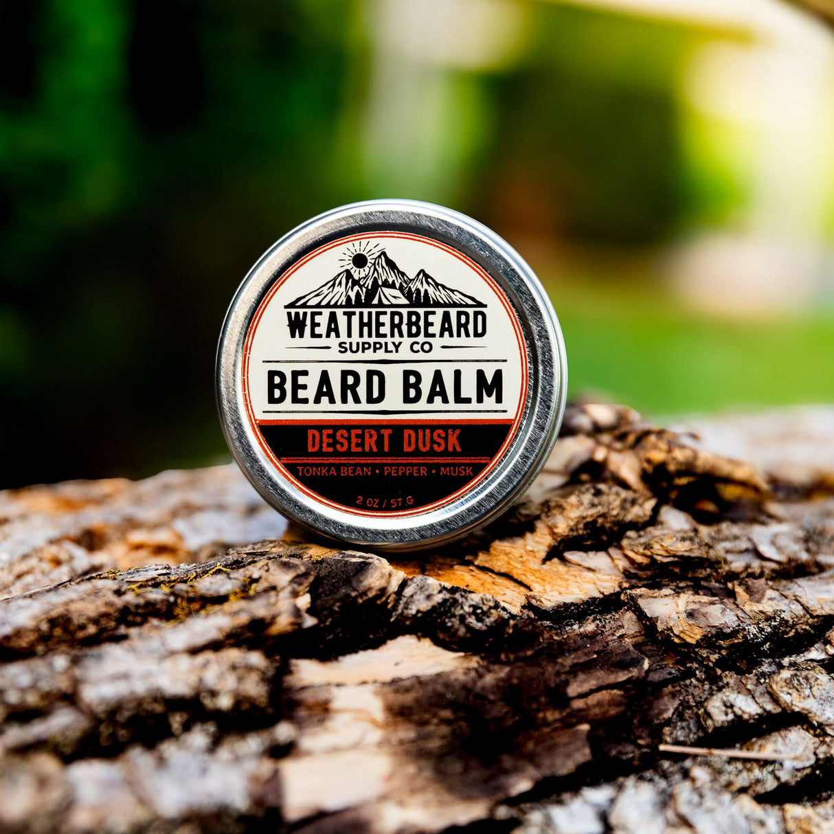Close up of Desert Dusk Beard Balm featuring notes of tonka bean, pepper, and musk by Weatherbeard Supply Co