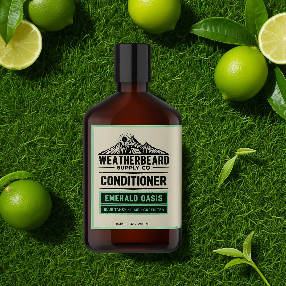 Bottle of Weatherbeard Emerald Oasis Beard Conditioner laying in a bed of grass with lime slices around it