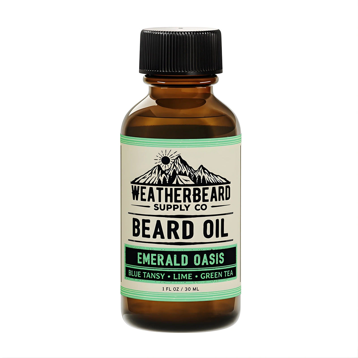 Bottle of Weatherbeard Supply Co. Emerald Oasis beard oil on a white background