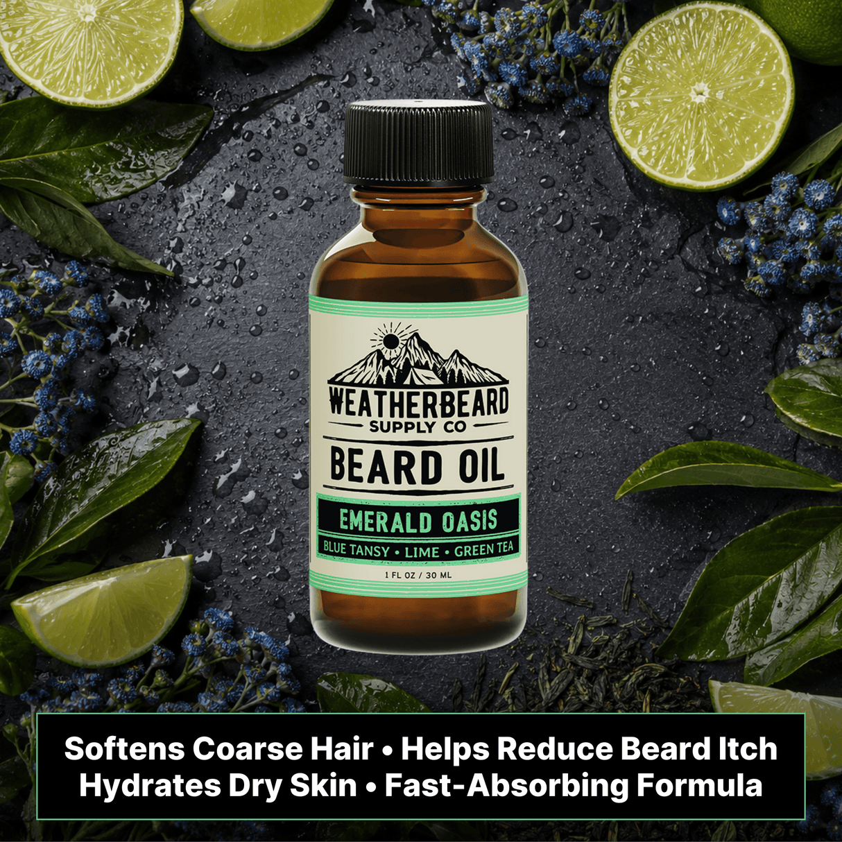 Bottle of Weatherbeard Supply Co. Emerald Oasis beard oil with lime and green tea leaves on a dark background