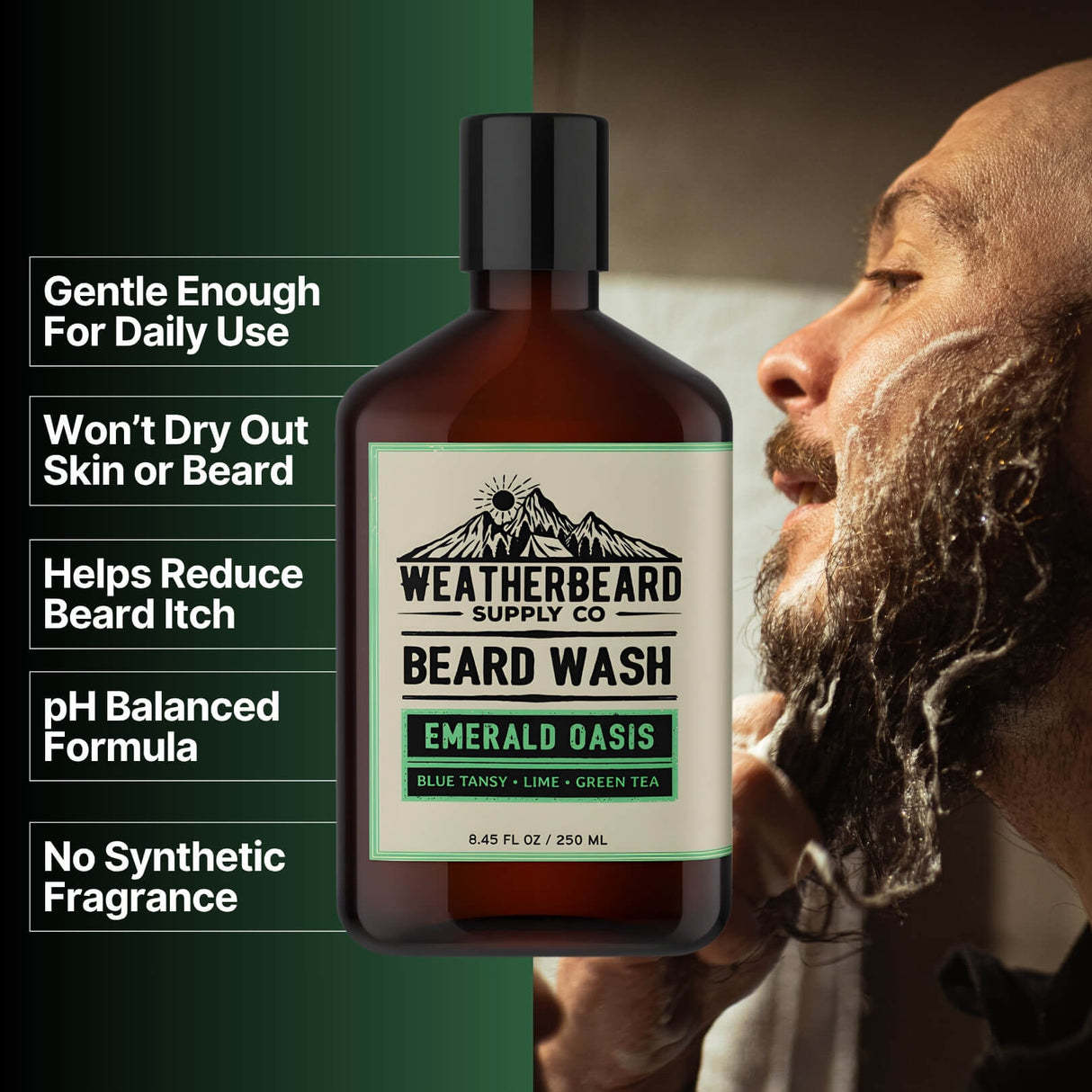 Bottle of Emerald Oasis Beard Wash with benefits listed beside it